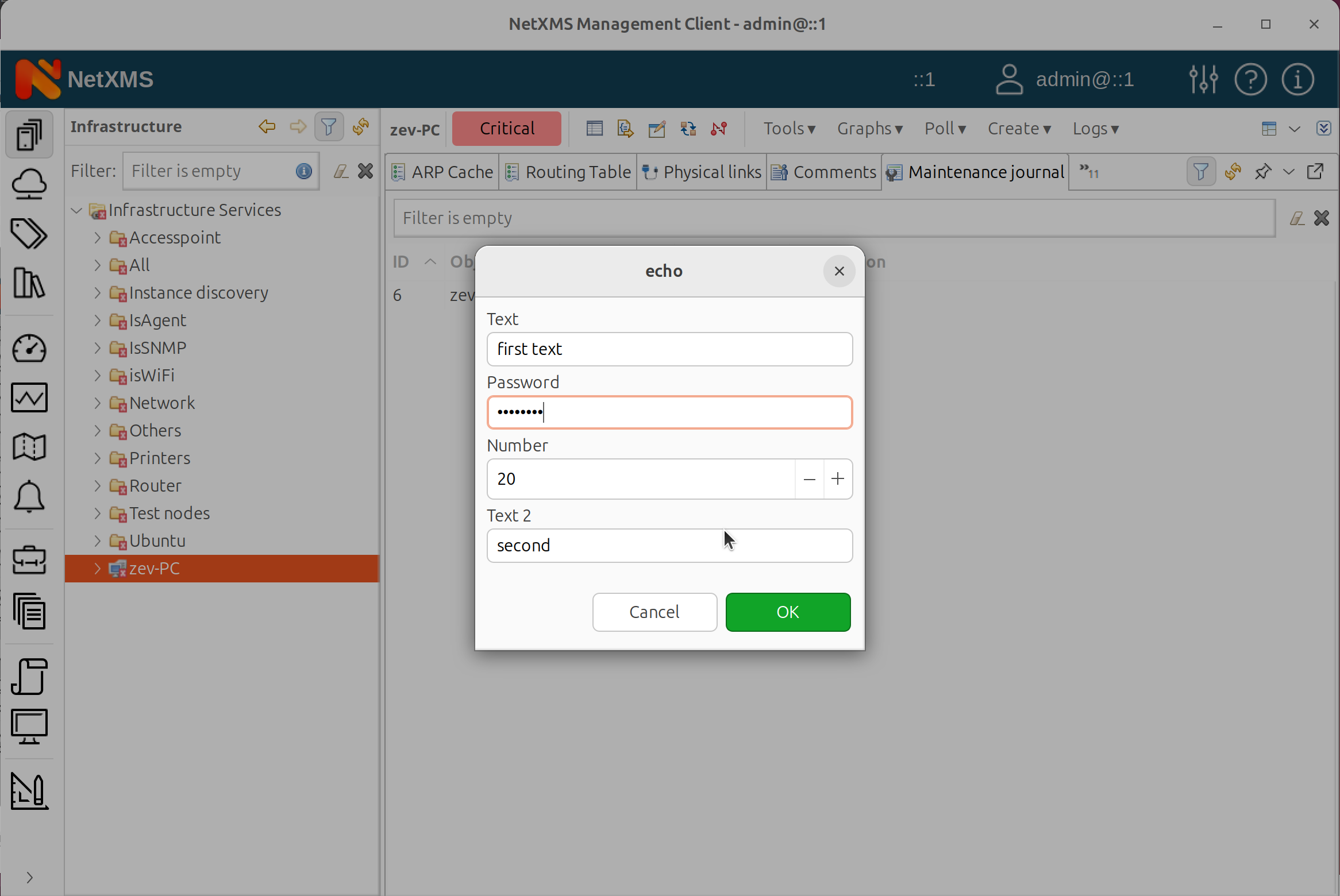 Dialog window with the fields to be filled in by a user