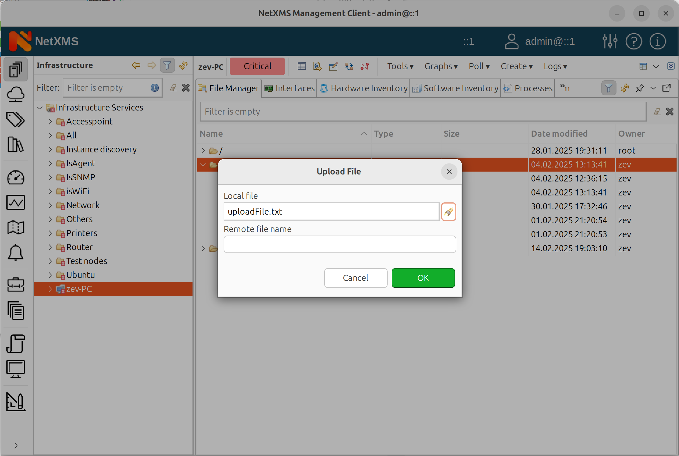 Upload File dialog window in NetXMS file manager